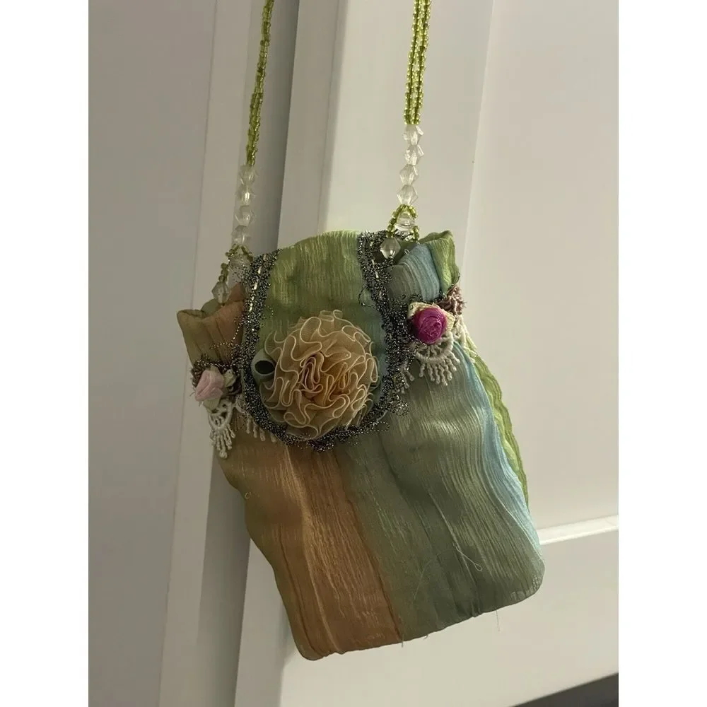 VINTAGE Handmade SILK Small POUCH purse CASE phone GLASSES flowers BEADS OOAK 5